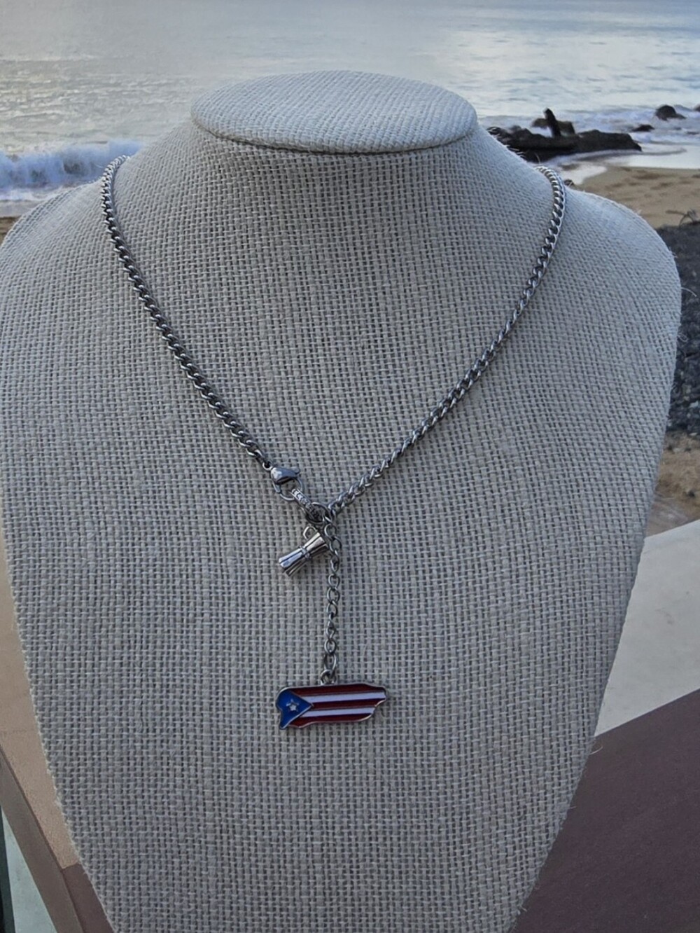 Puerto Rico Flag Silver Greca Charm Necklace
